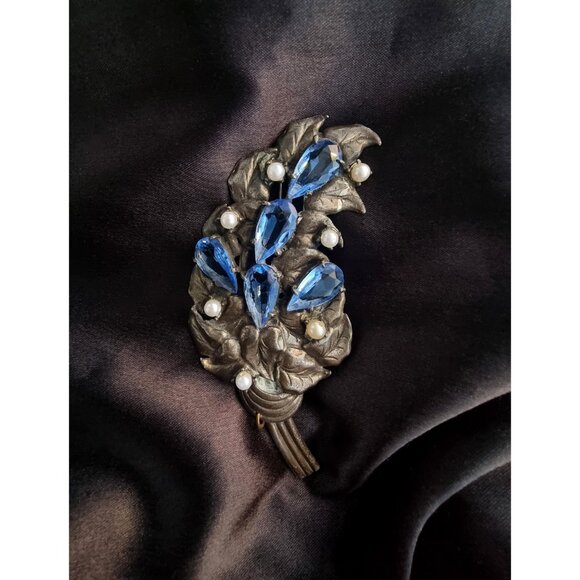 Rare Find Vintage 1920-1930s Blue Rhinestones Silver Metal Toned Large Leaf Broo - Picture 6 of 6